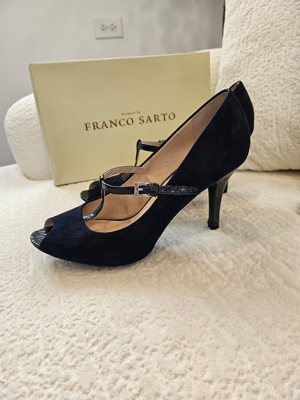 Franco Sarto Blue T-Strap Peep-Toe Pumps